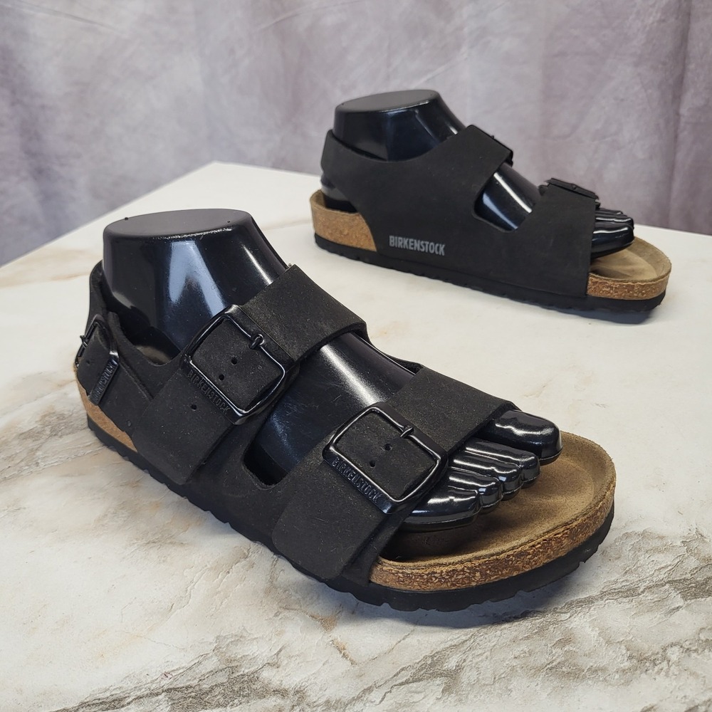 Birkenstock Milano Birko Flor Ankle Strap Sandals Size 37 Black Women's Faux Lea